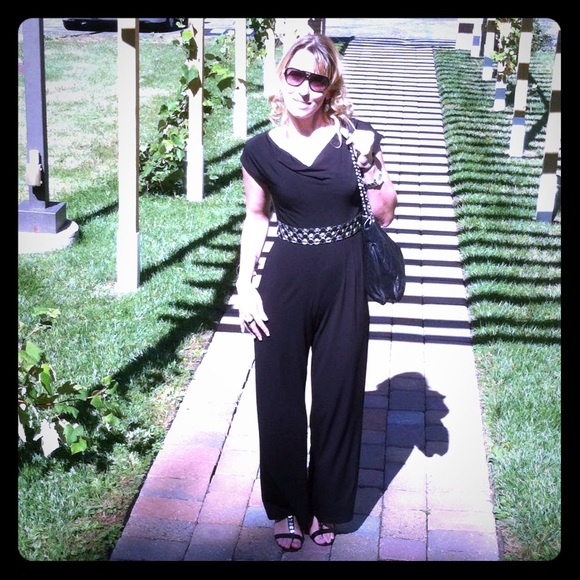AGB Pants - Sexy spring black jumpsuit jeweled belt vintage